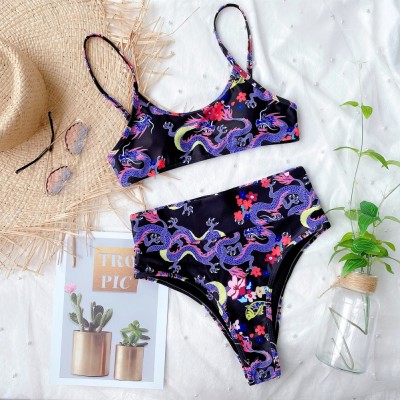 Two Piece Retro Print Straps High Waist Swimwear