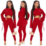 Autumn Matching Solid Plain Crop Top and Pants Set