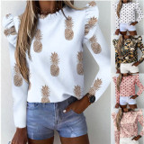 Autumn Cute Print Ruffles O-Neck Shirt