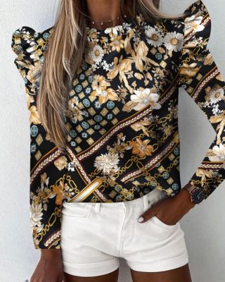 Autumn Cute Print Ruffles O-Neck Shirt