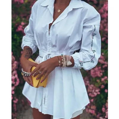 Autumn Print White Blouse Dress with Belt