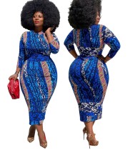 Plus Size Autumn African Print Blue Mature Midi Dress