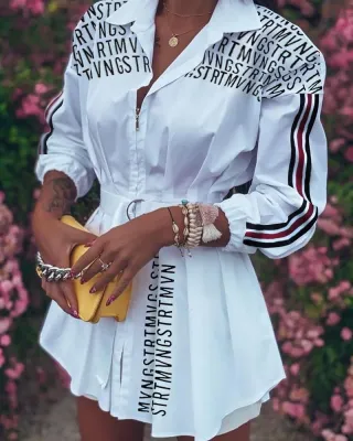 Autumn Print White Blouse Dress with Belt
