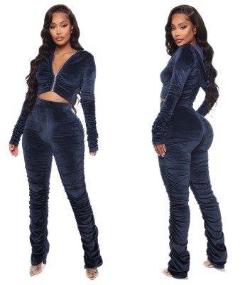 Autumn Pure Velvet Ruched Hoodie Tracksuit