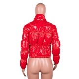 Winter Solid Color Padded Short Zipper PU Jacket