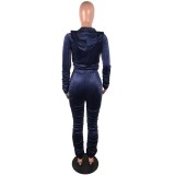 Autumn Pure Velvet Ruched Hoodie Tracksuit
