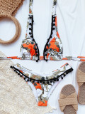 Two Piece Retro Print Tassels Halter Swimwear