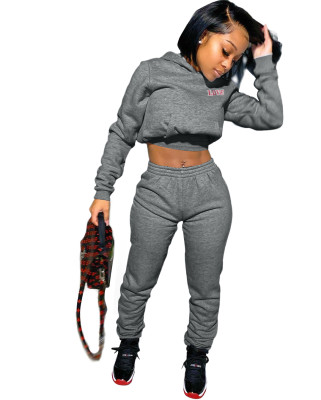 Autumn Letter Print Crop Top and Pants Hoodie Sweatsuit