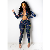 Autumn Party Print Sexy Lace Up Crop Top and Pants Set