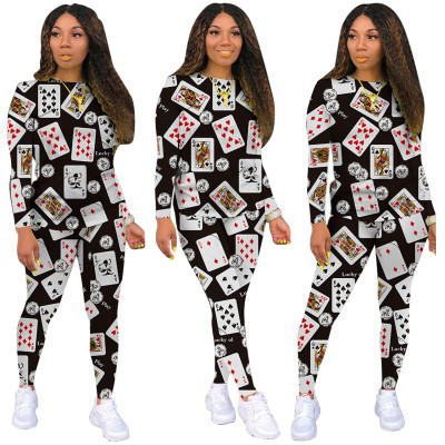 Autumn Casual Poker Print Shirt and Pants Set