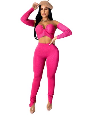 Autumn Party Sexy Plain O-Ring Crop Top and Stack Pants Set