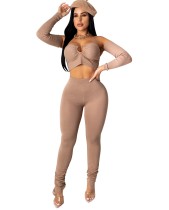 Autumn Party Sexy Plain O-Ring Crop Top and Stack Pants Set