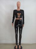 Autumn Party Sexy Black Strings Crop Top and Leather Pants Set