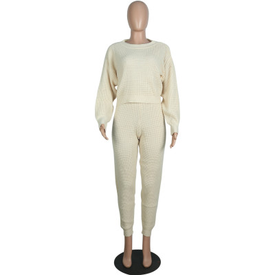 Winter Casual Knitting Plain Crop Top and Pants Set