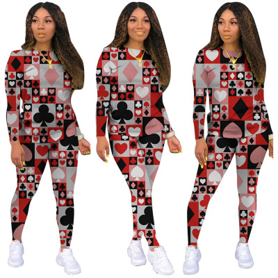 Autumn Casual Poker Print Shirt and Pants Set