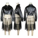 Winter African Leather and Mesh Patchwork Long Top