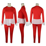 Autumn Casual White and Red Peplum Shirt and Pants Set