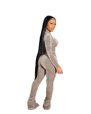 Autumn Pure Velvet Turtleneck Crop Top and Stack Pants Set