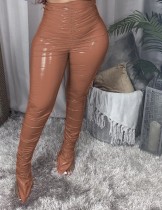 Winter Sexy High Waist Slit Botton Ruched Leather Trousers