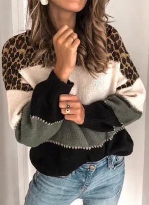 Autumn O-Neck Leopard Print Contrast Pullover Sweater