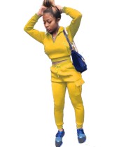 Autumn Solid Color Crop Top and Pocketed Pants Sweatsuit