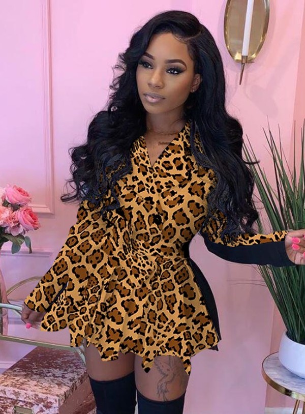 Winter Africa Leopard Pleated Peplum Coat with Belt