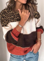 Autumn O-Neck Leopard Print Contrast Pullover Sweater