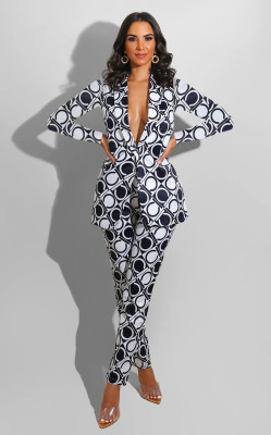 Autumn White and Black Print Formal Blazer and Pants Suit