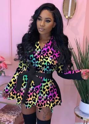 Winter Africa Leopard Pleated Peplum Coat with Belt