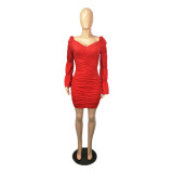 Autumn Party Solid Color Ruched Mini Dress with Pop Sleeves