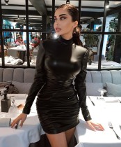 Winter Sexy Black Leather Ruched Mini Club Dress