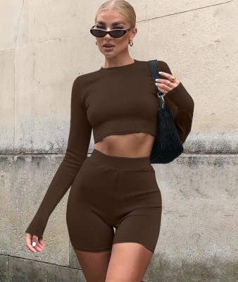 Autumn Solid Color Sexy Bodycon Crop Top and Shorts Set