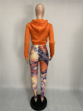 Autumn Casual Print Orange Hoody Jacket and Pants Set