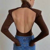 Autumn Sexy Cut Out Back Turtleneck Plain Bodysuit