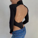 Autumn Sexy Cut Out Back Turtleneck Plain Bodysuit