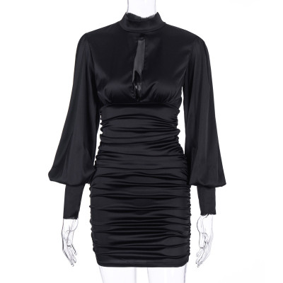 Autumn Party Sexy Satin Ruched Mini Dress with Pop Sleeves