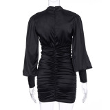 Autumn Party Sexy Satin Ruched Mini Dress with Pop Sleeves
