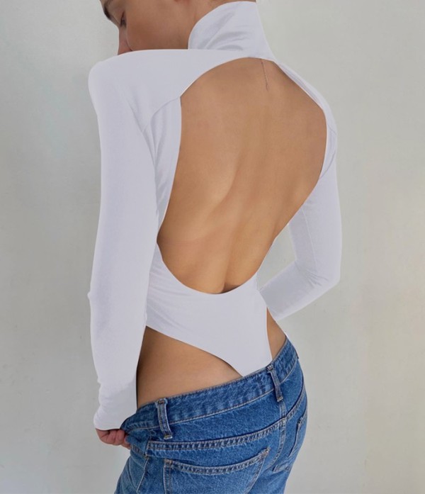 Autumn Sexy Cut Out Back Turtleneck Plain Bodysuit