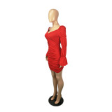 Autumn Party Solid Color Ruched Mini Dress with Pop Sleeves