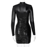Winter Sexy Black Leather Ruched Mini Club Dress