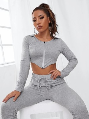 Autumn Solid Color Casual Crop Top and Stack Pants Set