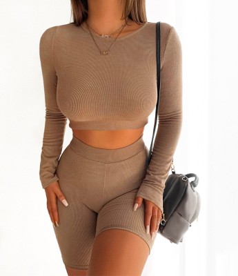 Autumn Solid Color Sexy Bodycon Crop Top and Shorts Set