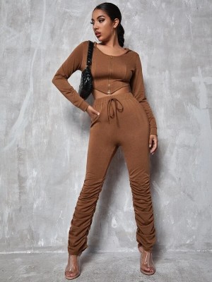 Autumn Solid Color Casual Crop Top and Stack Pants Set
