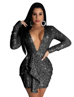 Autumn Sequins Deep-V Mini Club Dress