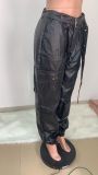 Winter Black Leather High Waist Cargo Pants with Belt