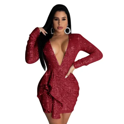 Autumn Sequins Deep-V Mini Club Dress