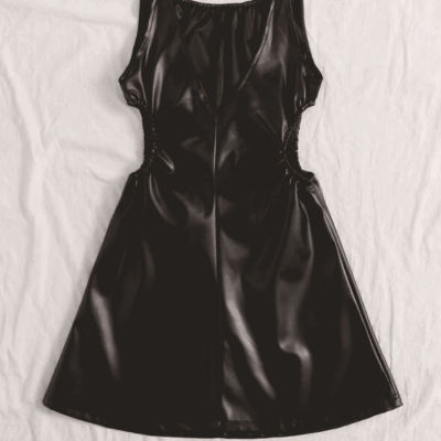 Autumn Party Black Leather A-Line Cut Out Dress