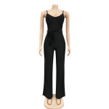 Summer Party Sexy Straps Satin Jumpsuit with Belt