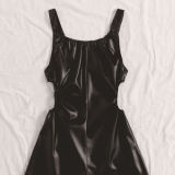Autumn Party Black Leather A-Line Cut Out Dress