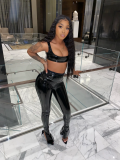 Autumn Party Sexy Black Leather Bra and High Waist Pants Set